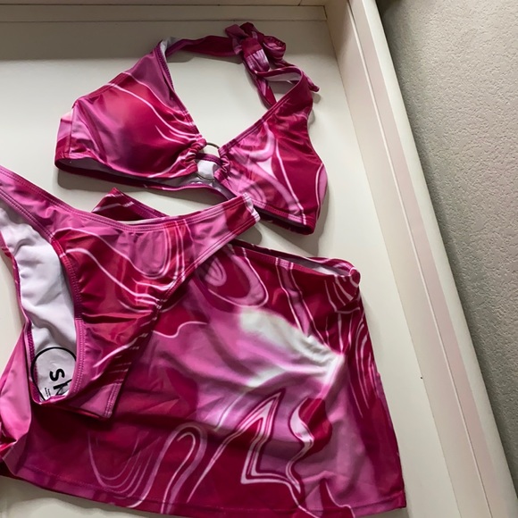 3 piece hot pink tie dye swirl bikini swimsuit & beach skirt size small - Picture 2 of 7